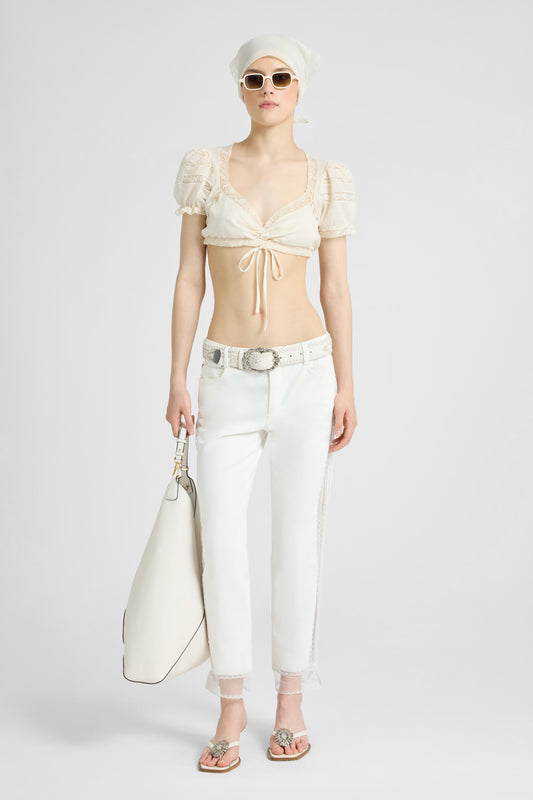 Cigarette-fit denim trousers with Valencienne lace inserts