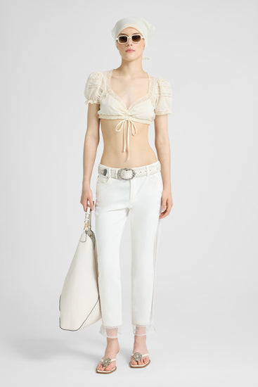 Cigarette-fit denim trousers with Valencienne lace inserts