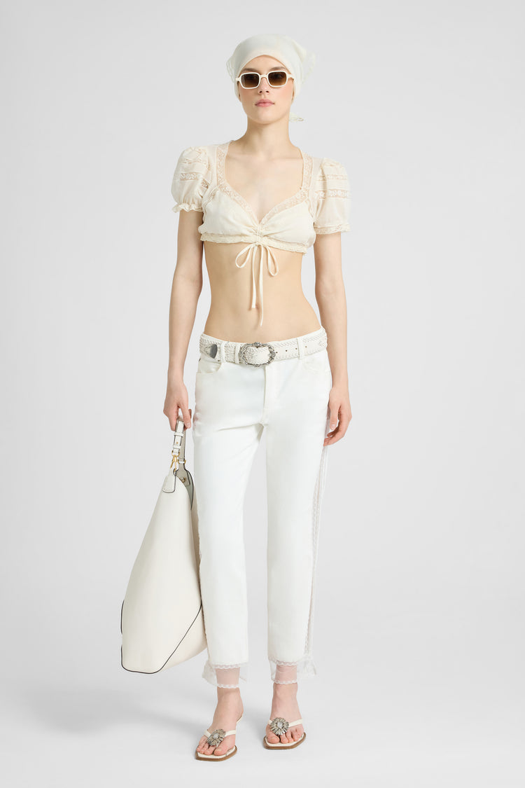 Cigarette-fit denim trousers with Valencienne lace inserts