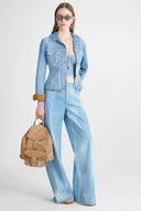 Blue printed jeans-effect marocain palazzo trousers