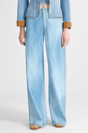 Blue printed jeans-effect marocain palazzo trousers
