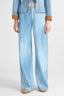 Blue printed jeans-effect marocain palazzo trousers