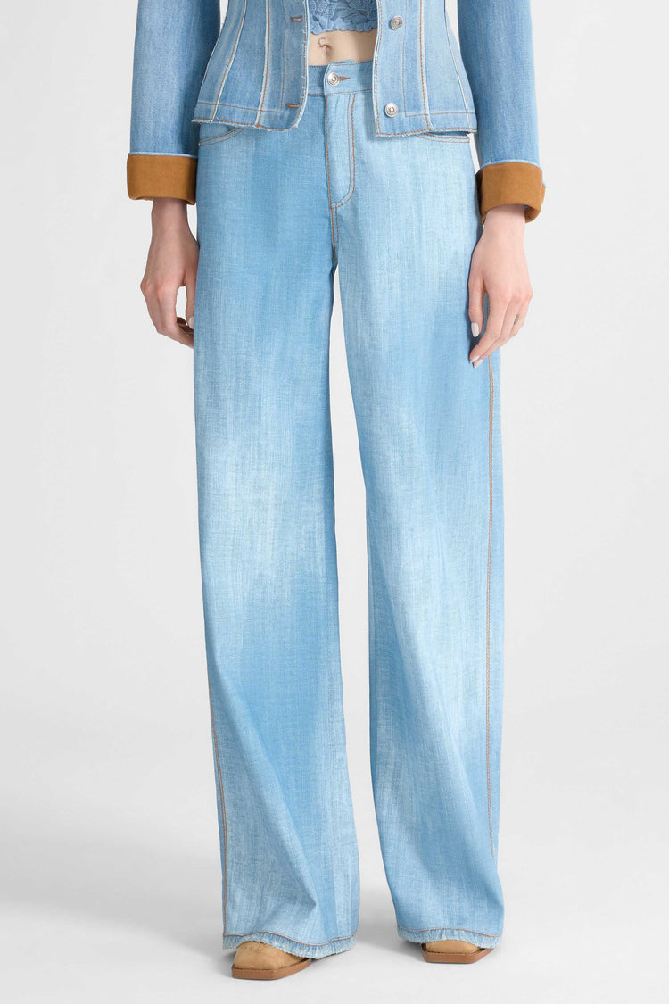 Blue printed jeans-effect marocain palazzo trousers