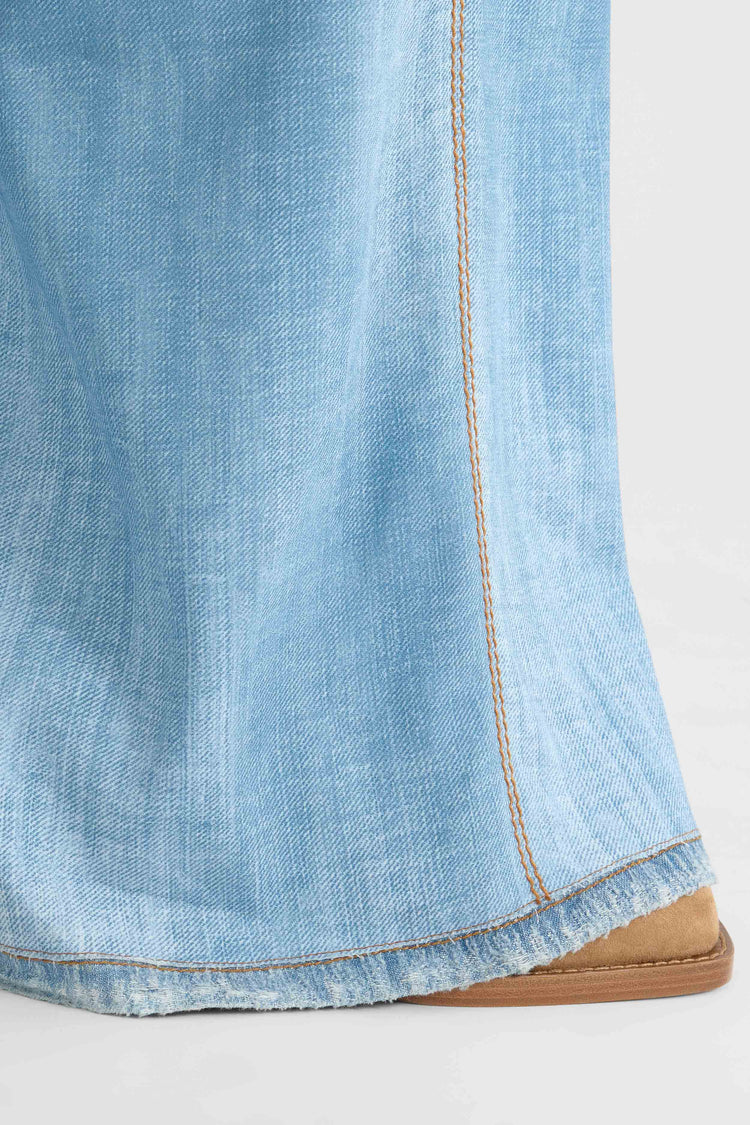 Blue printed jeans-effect marocain palazzo trousers