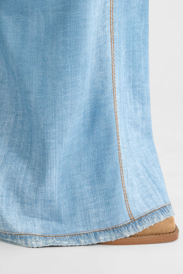 Blue printed jeans-effect marocain palazzo trousers