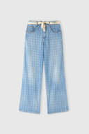 Baggy trousers in jacquard check denim with printed silk scarf belt