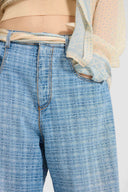 Baggy trousers in jacquard check denim with printed silk scarf belt