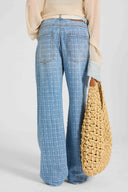 Baggy trousers in jacquard check denim with printed silk scarf belt
