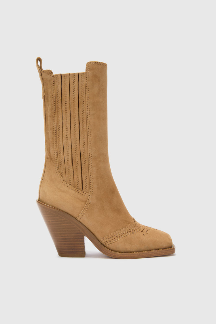 Elasticated suede western ankle boot with brogue details