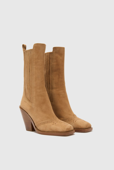 Elasticated suede western ankle boot with brogue details