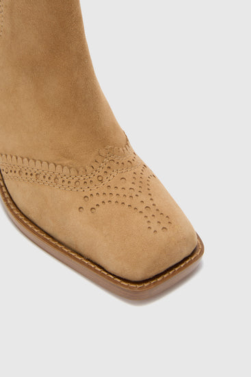 Elasticated suede western ankle boot with brogue details