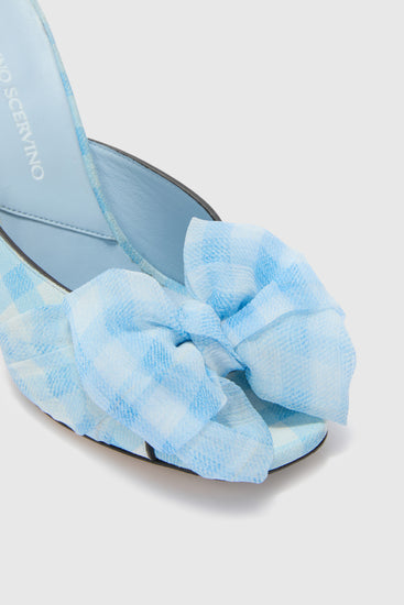 Suede vichy printed mules in white and light blue
