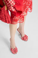 Suede vichy printed mules in white and red