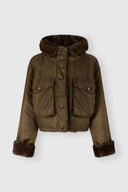 Short oversized Green Loden parka with mink-trimmed hood