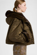 Short oversized Green Loden parka with mink-trimmed hood