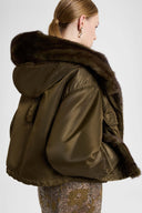 Short oversized Green Loden parka with mink-trimmed hood