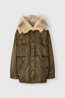 Long oversized Green Loden parka with shearling-trimmed hood