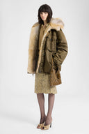 Long oversized Green Loden parka with shearling-trimmed hood