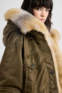Long oversized Green Loden parka with shearling-trimmed hood