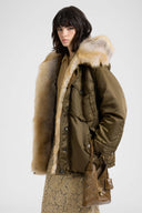 Long oversized Green Loden parka with shearling-trimmed hood