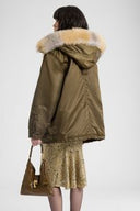 Long oversized Green Loden parka with shearling-trimmed hood