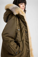 Long oversized Green Loden parka with shearling-trimmed hood