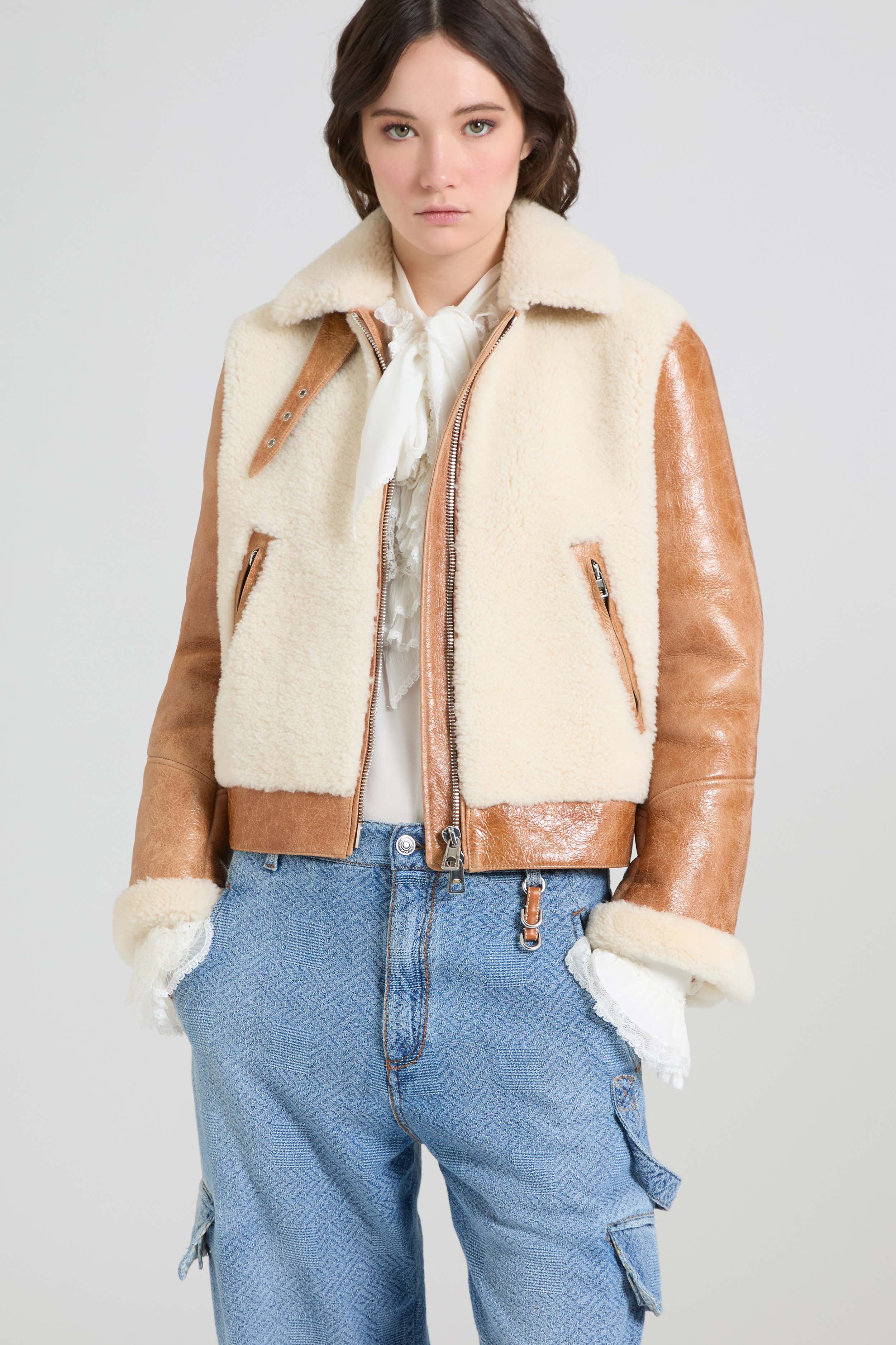 Cropped aviator shearling jacket with waxed finish