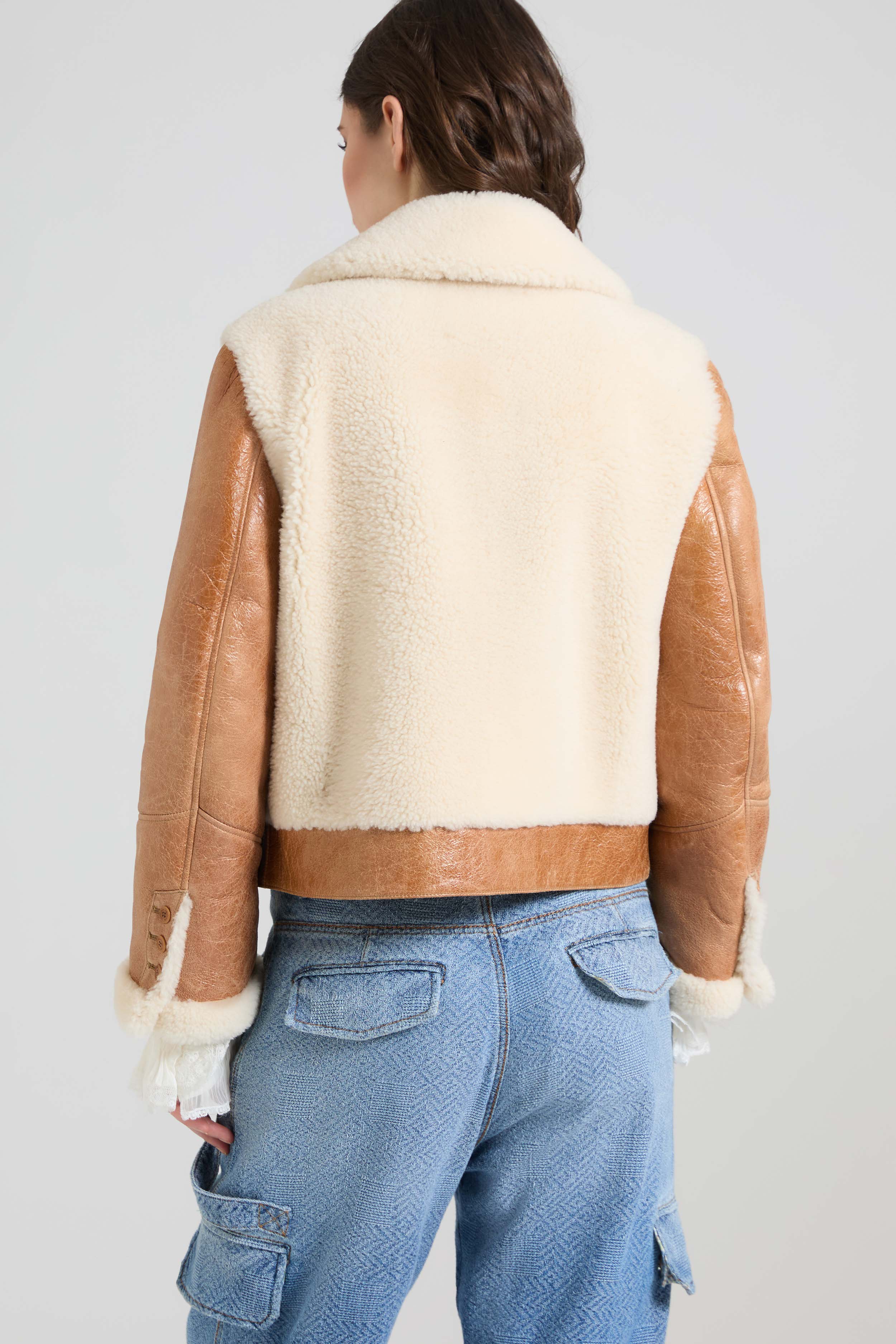 Cropped aviator shearling jacket with waxed finish