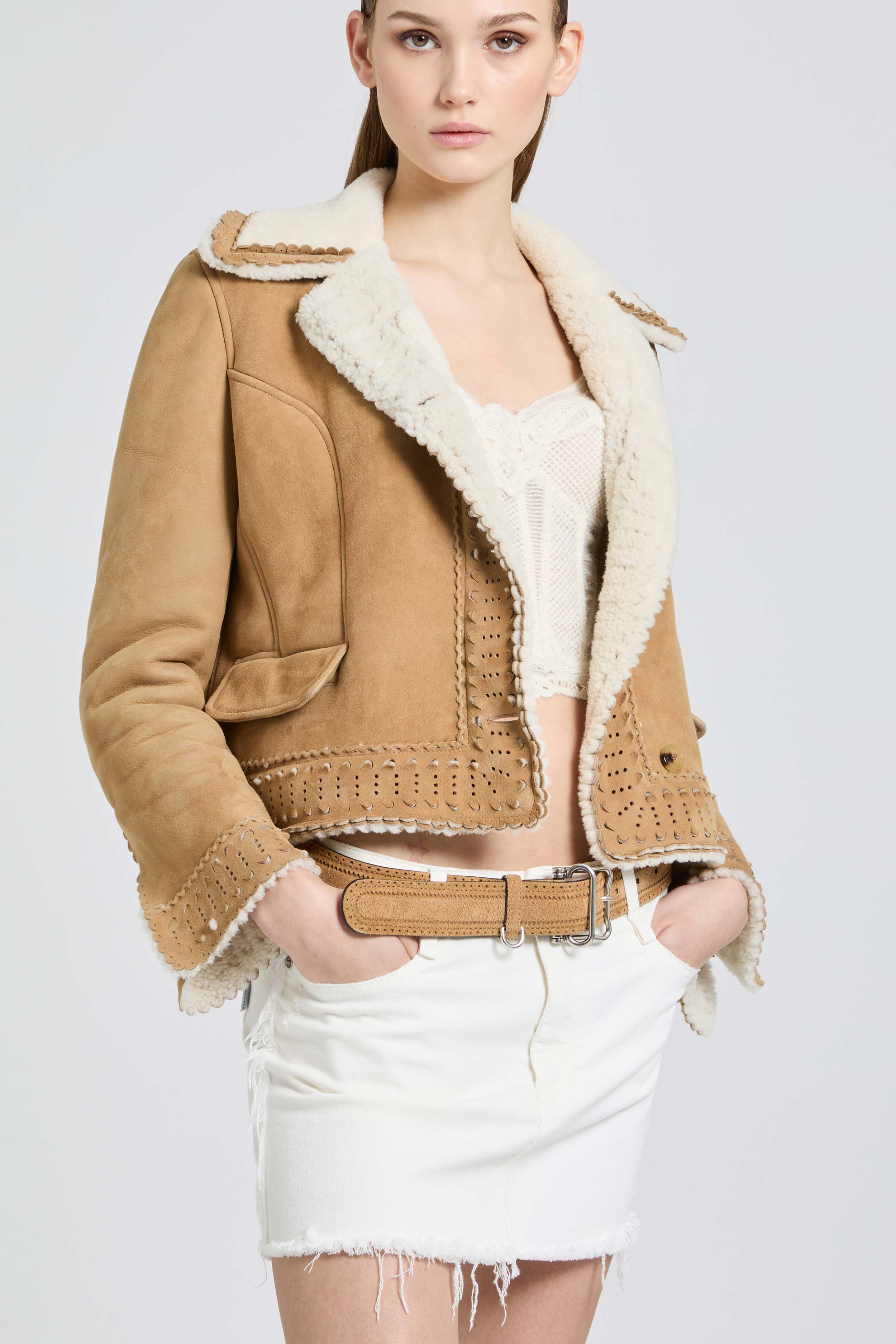 Short shearling jacket with brogue detailing
