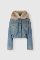 Parka sartoriale cropped in misto lana e cotone con collo in shearling