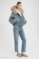 Parka sartoriale cropped in misto lana e cotone con collo in shearling