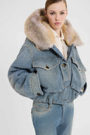 Parka sartoriale cropped in misto lana e cotone con collo in shearling