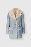 Denim-Effect Shearling Coat with Cut-Out Embroidery