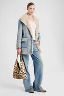 Denim-Effect Shearling Coat with Cut-Out Embroidery