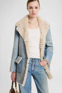 Denim-Effect Shearling Coat with Cut-Out Embroidery