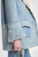 Denim-Effect Shearling Coat with Cut-Out Embroidery