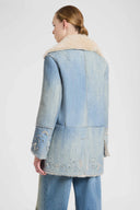 Denim-Effect Shearling Coat with Cut-Out Embroidery