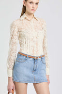 Bustier tulle shirt with long sleeves and embroidered lace effect