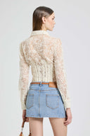Bustier tulle shirt with long sleeves and embroidered lace effect