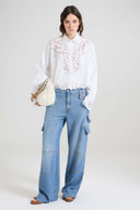 Cotton poplin shirt with hand-cut lace detailing