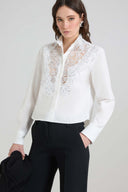 Cotton poplin shirt with rebrodé lace and hand-applied crystals