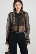 Silk organza shirt with geometric embroidery and handcrafted pleating