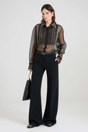 Silk organza shirt with geometric embroidery and handcrafted pleating