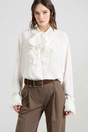 Silk crêpe de chine shirt with sash collar and Valencienne lace details