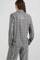Camicia in marocain di viscosa stampa Principe di Galles con cristalli tono su tono