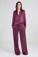 Silk satin shirt with check print and tone-on-tone crystals