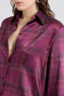 Silk satin shirt with check print and tone-on-tone crystals