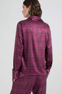 Silk satin shirt with check print and tone-on-tone crystals
