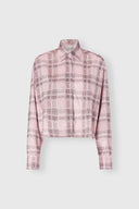 Boxy silk satin shirt with check print and tone-on-tone crystals