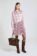 Boxy silk satin shirt with check print and tone-on-tone crystals